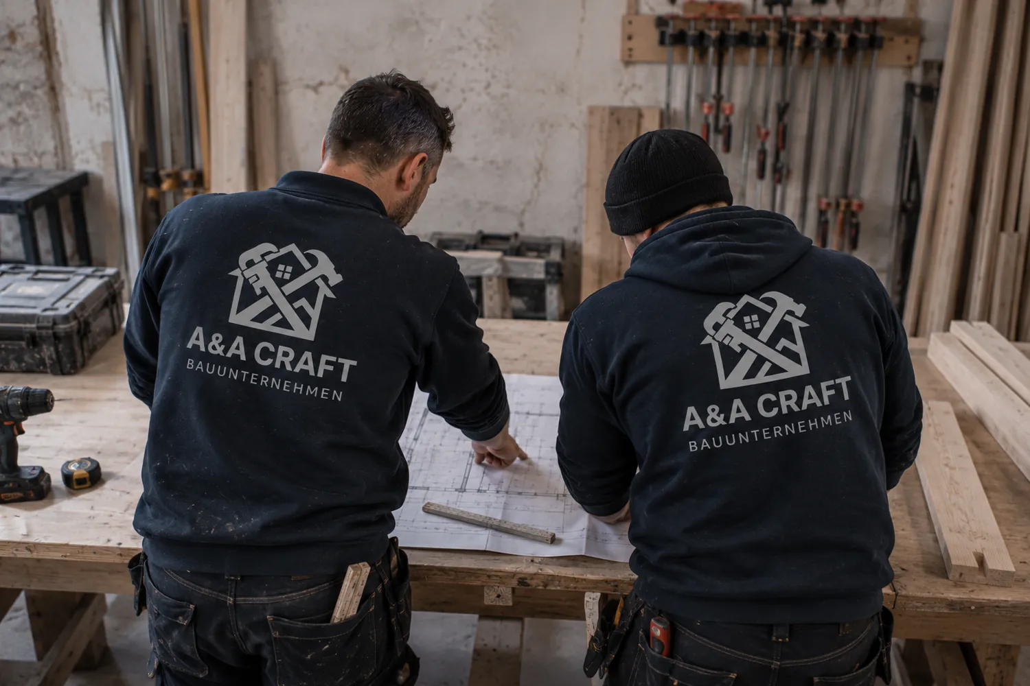 Zwei Mitarbeiter von A&A Craft besprechen eine Zeichnung in der Werkstatt